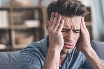 Fototapeta premium Exhausted Young Man, Closed Eyes, Massaging Temples Suffering Headache Relieving Pain and Stress.