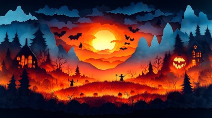 Layered Paper Cut Artwork of a Pumpkin Patch with Scarecrows and Hay Bales at Sunset