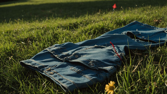 Jeans lying on a grassy lawn with a kite lying next to them