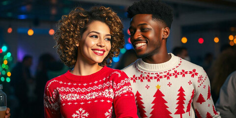 A young Caucasian woman with curly brown hair and a young African American man with short curly hair, both wearing festive red and white Christmas sweaters with snowflake and tree patterns.