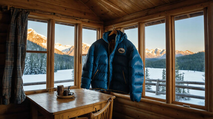 Puffy jacket hanging on a hook in a cozy cabin