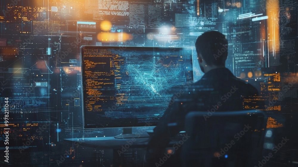 Poster person working in a high-tech environment with data on screen