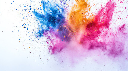 Fototapeta premium Vibrant color explosion featuring blue, orange, and pink powder bursts against a white background, creating a dynamic visual impact.