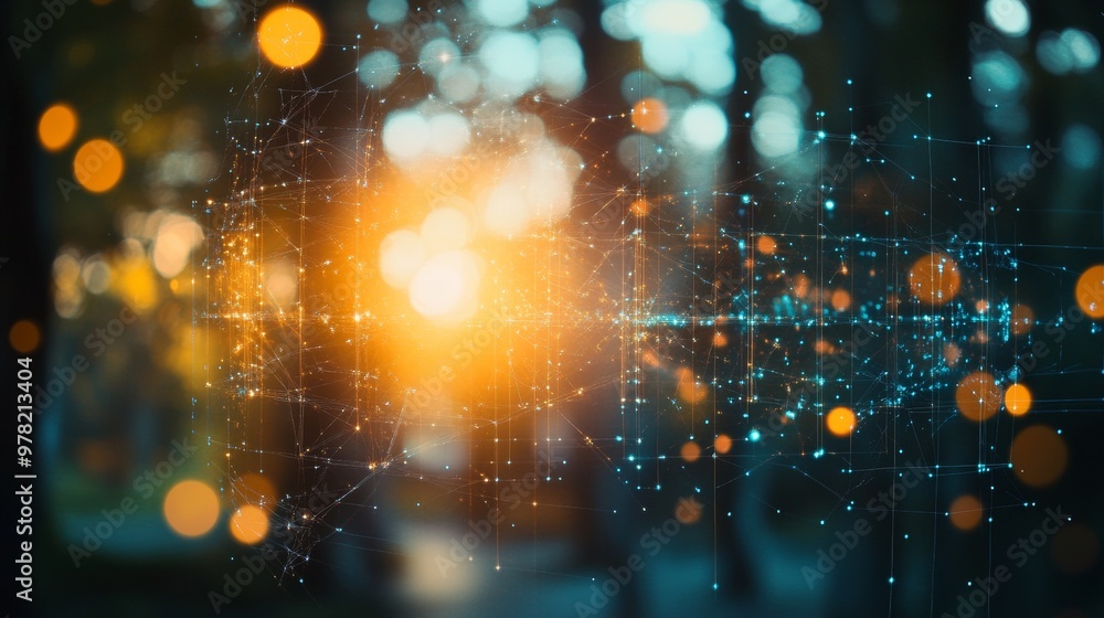Poster abstract data network visualization with glowing connections at sunset