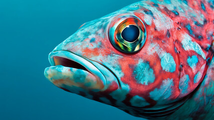 Close-up of a colorful fish eye with a hypnotic gaze: A mesmerizing underwater portrait that captures the beauty and mystique of the ocean's inhabitants. The fish's colorful scales and intricate patte