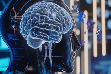 Transparent human head with visible glowing brain symbolizing cognitive complexity thought processing and the integration of technology in a futuristic high tech conceptual visual