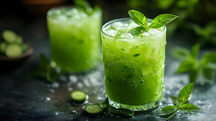 Chilled Thai Pandan Leaf Juice in Frosty Glass with Natural Garnish