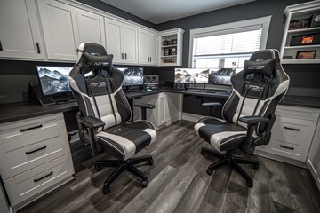 Naklejka premium Modern home office with dual monitor setup, ergonomic chairs, white cabinetry, and stylish decor