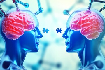 Two blue human profiles with glowing red brains connected by puzzle pieces symbolizing intellectual collaboration problem solving and cognitive connection in futuristic medical conceptual visual