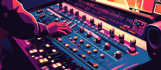 Outdoor mixing console with sound engineer adjusting audio levels Equipment featuring buttons and sliders designed for live music events