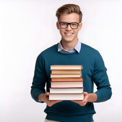 Adolescente sujetando libros con sus manos mientras utiliza vestimenta casual