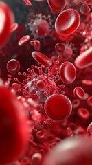 Abstract representation of red blood cells and virus, showcasing the intricate details of human blood in a medical context.