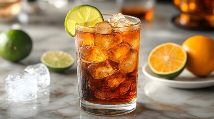 Vintage Style Glass Filled with Thai Iced Black Tea and Lime Garnish