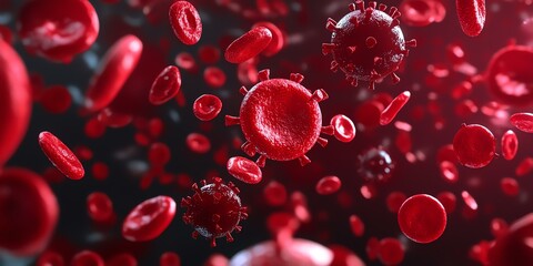 Detailed depiction of red blood cells and viruses, highlighting the complexity of human biology and disease interaction.
