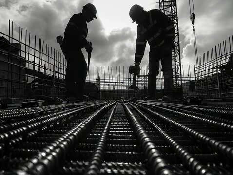 Silhouette of construction workers bending over rebar on a building site, with a dramatic cloudy sky in the background.
