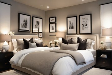 Fototapeta premium A comfortable luxury bedroom with a neatly made bed, soft pillows, a wooden table, and a stylish lamp by the window, showcasing modern interior design in a cozy home at night
