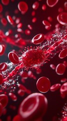 Close-up view of red blood cells and a virus, showcasing intricate details related to human biology and health.
