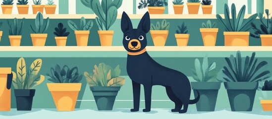 A shepherd mix dog poses in front of a selection of planter pots at a garden center that welcomes pets