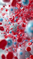 An abstract representation of blood cells and microorganisms, showcasing intricate details and vibrant colors in a biological environment.