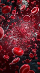 A vibrant close-up of red blood cells interacting with a virus, showcasing the complexity of the human circulatory and immune systems.