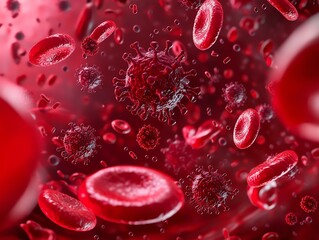 Close-up view of red blood cells and bacteria, illustrating the complexity of human blood and its components in vivid detail.