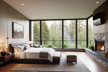 Fototapeta premium Modern minimalist bedroom with large window view of jungle, featuring plush bed, minimalist furniture, and soft curtains