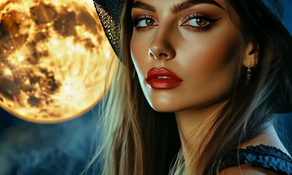 A woman in a hat, against the background of the night and a big full moon, face close-up. Phases of the moon.