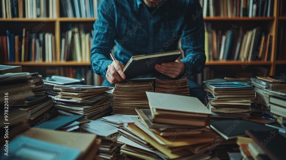 Poster man researching old books and documents in a library with stacks of papers