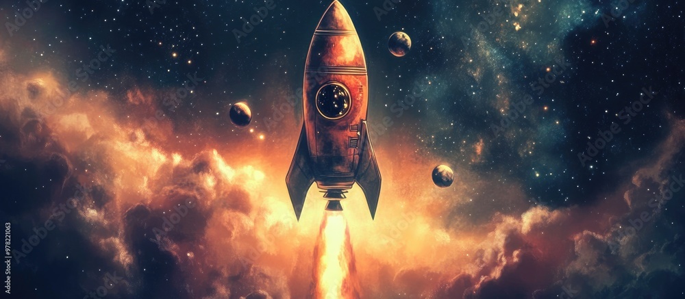 Wall mural rocket floating in outer space mixed media
