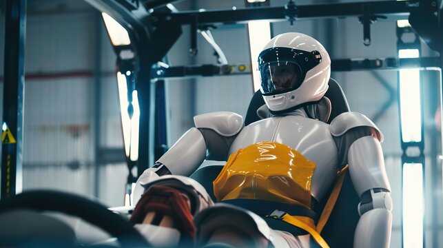 Vehicle safety crash test with dummy, airbag deployment, and seatbelt, captured in high-speed photography at professional crash test facility.