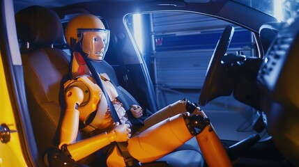 Vehicle safety crash test with dummy, airbag deployment, and seatbelt, captured in high-speed photography at professional crash test facility.