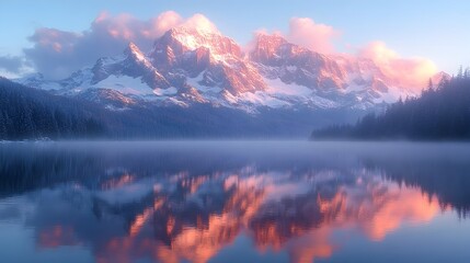 Majestic Snowcapped Mountain Range Mirrored in Crystal Clear Alpine Lake at Sunrise