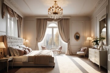 Fototapeta premium Interior design of a double bed bedroom at with comfortable bedding and a lamp on a bedside table, featuring a large window