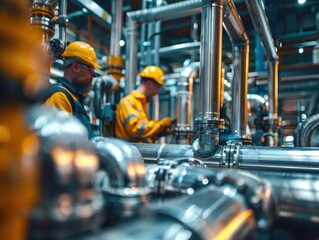 Workers in hard hats inspecting intricate piping systems in an industrial plant, showcasing modern engineering and safety protocols in action.