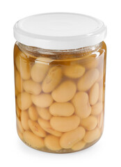 Tasty pickled beans in jar isolated on white