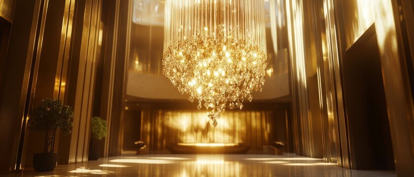 Golden Chandelier in Modern Lobby.