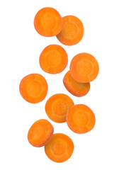 Round carrot slices in air on white background