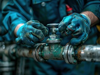 Close-up of a technician wearing blue gloves adjusting a valve on an industrial pipe, emphasizing maintenance and technical work.