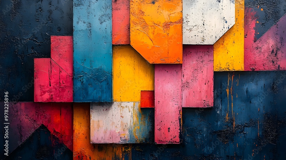 Poster vibrant geometric abstract painting with bold splashes of color and texture