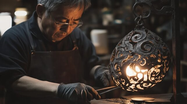 Japanese Craftsman Working on Intricate Metalwork