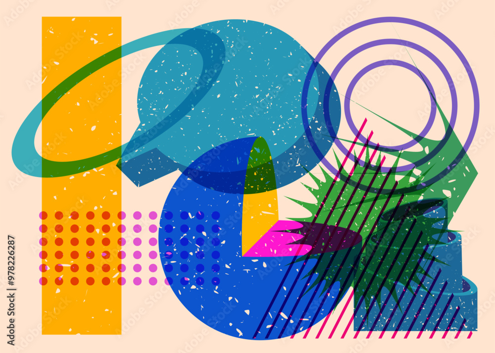 Poster risograph speech bubble with geometric shapes. objects in trendy riso graph print texture style desi