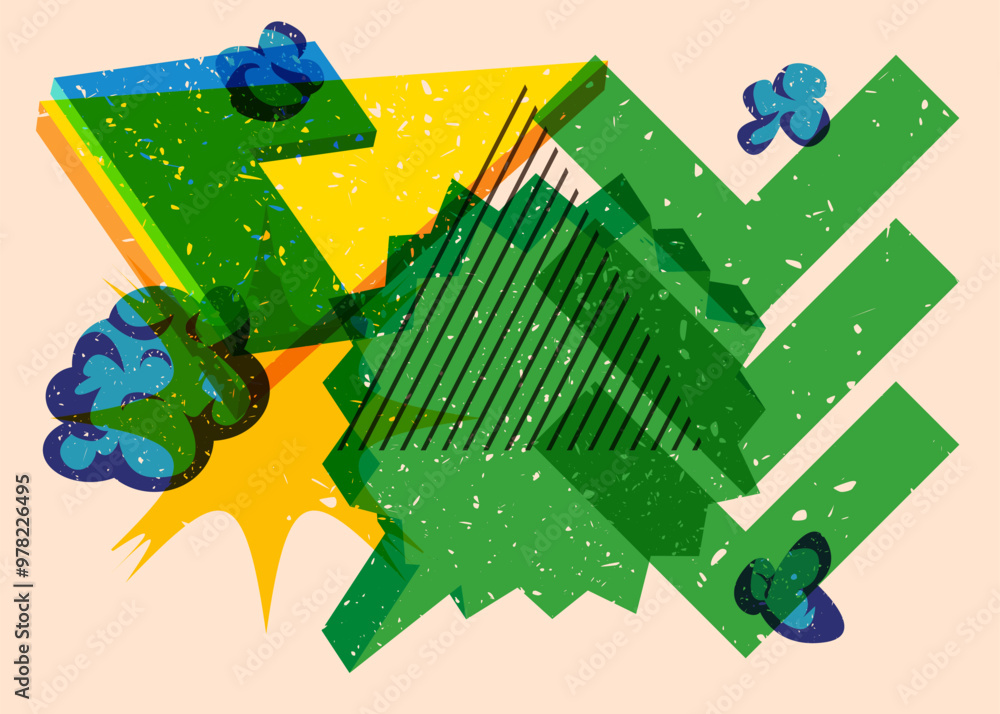 Poster risograph speech bubble with geometric shapes. objects in trendy riso graph print texture style desi