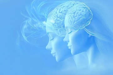 Obraz premium Abstract blue silhouette of multiple female heads with a glowing brain representing cognitive evolution the fluidity of thoughts and the connection between mental clarity and emotional flow