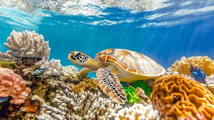 Fototapeta premium A majestic sea turtle glides gracefully through vibrant coral reefs, showcasing intricate patterns and colors.