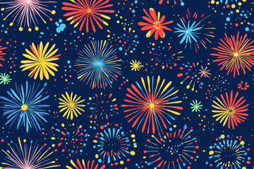 Colorful fireworks in night sky seamless pattern, bright on dark blue background. Flat style.