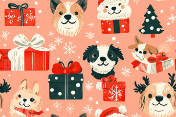 Merry Christmas time cartoon illustrations seamless pattern with cute funny mammal dogs in vintage Christmas gifts.