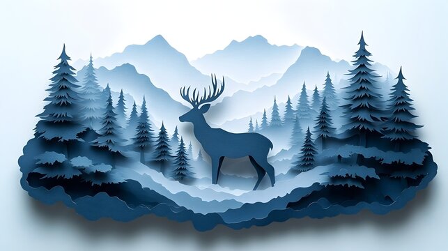 Tranquil Paper Cut Deer in Misty Layered Forest Landscape