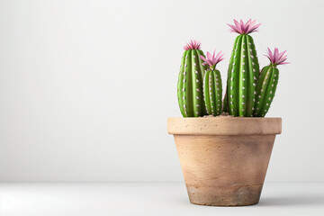 A vibrant cactus arrangement in terracotta pot, showcasing tall green stems adorned with pink flowers, adds lively touch to any space.