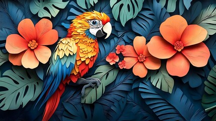 Fototapeta premium Vibrant Tropical Parrot Paper Cut with Exotic Flowers and Leaves