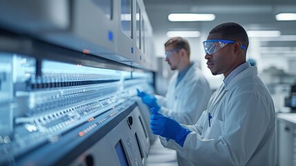 Scientists in a genomics lab analyzing DNA samples using a futuristic touchscreen interface for advanced genetic research